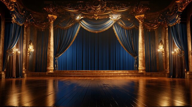 An ornate vintage stage with dim golden lighting, showcasing a polished mahogany floor