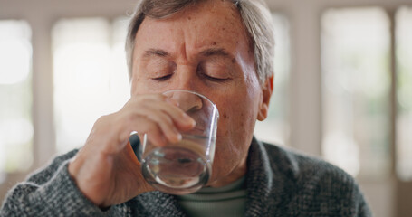 Senior man, diet and water in home, refreshing liquid and living room for mineral nutrition. Male...