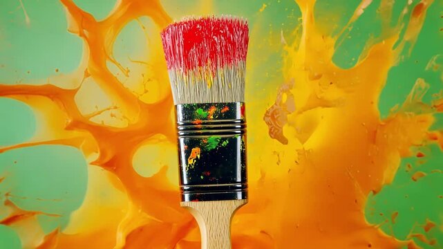Paintbrush dripping with orange paint exploding on a green screen background. Perfect for compositing into your next video project
