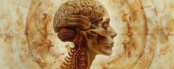A detailed illustration of a human skull and brain, showcasing anatomical structure with a blend of artistic and scientific elements.
