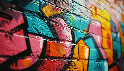 Obraz premium A graffiti-covered urban wall, showcasing vibrant colors, bold lines, and an edgy, artistic vibe