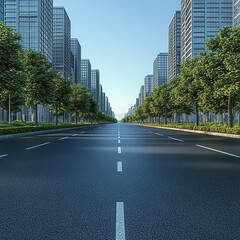 A straight road with trees on both sides, city buildings in the background
