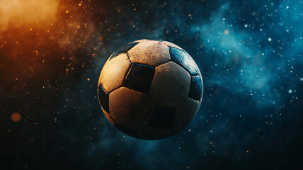 Naklejka premium A soccer ball floats in a cosmic background of vibrant orange and blue colors