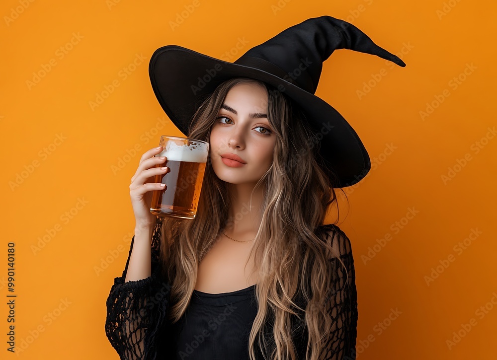 Wall mural a beautiful young woman in a witch costume holding a glass of beer 