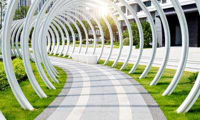 A corridor with an arched frame