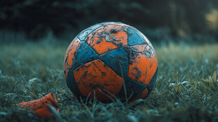 A weathered soccer ball lies on the grass during late afternoon in a local park