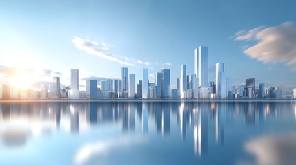 Fototapeta premium Futuristic Metropolis Cityscape with Glass Towers Reflecting in Water, symbolizing urban development, modern architecture, technological advancement, reflection, and tranquility.
