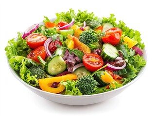 Colorful vegetable salad for a diet on a white plate, isolated on white.