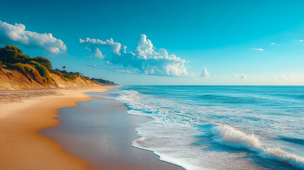 Glistening water meeting sandy shores at sunset, with a tranquil and peaceful ambiance