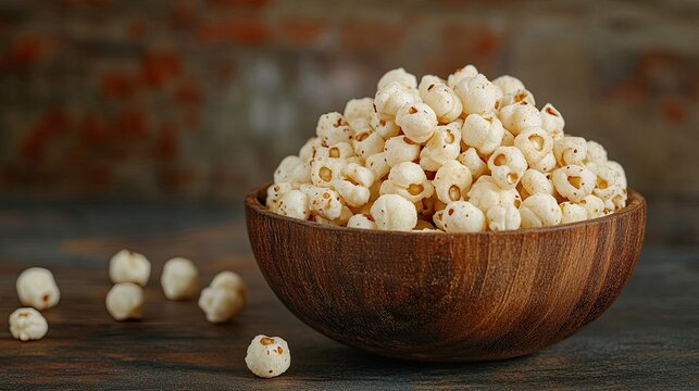 A healthy serving of roasted phool makhana in a wooden bowl, showcasing the crispiness of these nutritious popped lotus seeds.