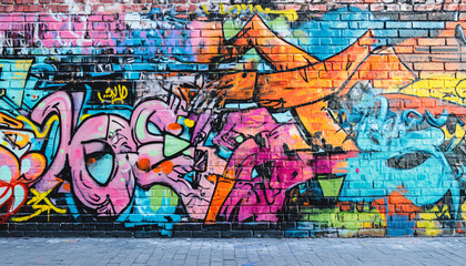 A graffiti-covered urban wall, showcasing vibrant colors, bold lines, and an edgy, artistic vibe