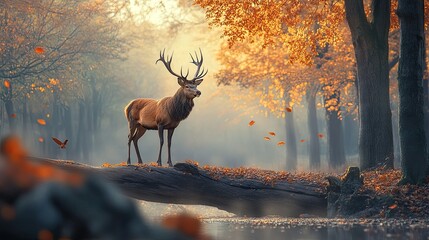 A majestic red deer standing on a fallen tree trunk in a misty autumn forest, illuminated by early morning light.
