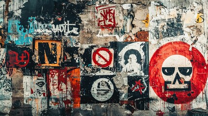 Obraz premium Graffiti wall with bold political symbols, strong red