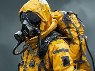 Naklejka premium Post-Apocalyptic Hazmat Suit in Rain - Digital Art