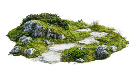 Landscape illustration of mossy path and rocks, transparent background.