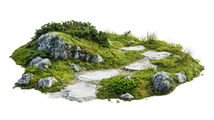 Landscape illustration of mossy path and rocks, transparent background.