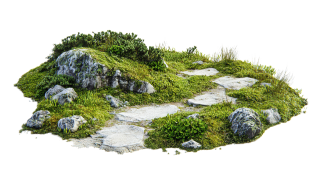 Landscape illustration of mossy path and rocks, transparent background.