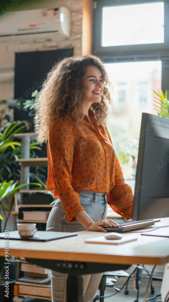 Poster A woman is sitting at a desk with a computer monitor in front of her