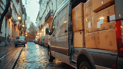 Delivery Van Loaded with Cardboard Boxes Parked on a Cobblestone Street