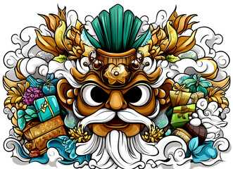 A man with a beard and mustache is wearing a gold mask. The mask is decorated with flowers and leaves. The man is surrounded by many books and other items
