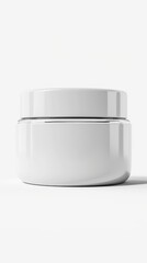 A minimalist white cosmetic jar with a sleek design, placed on a light background in a well-lit environment