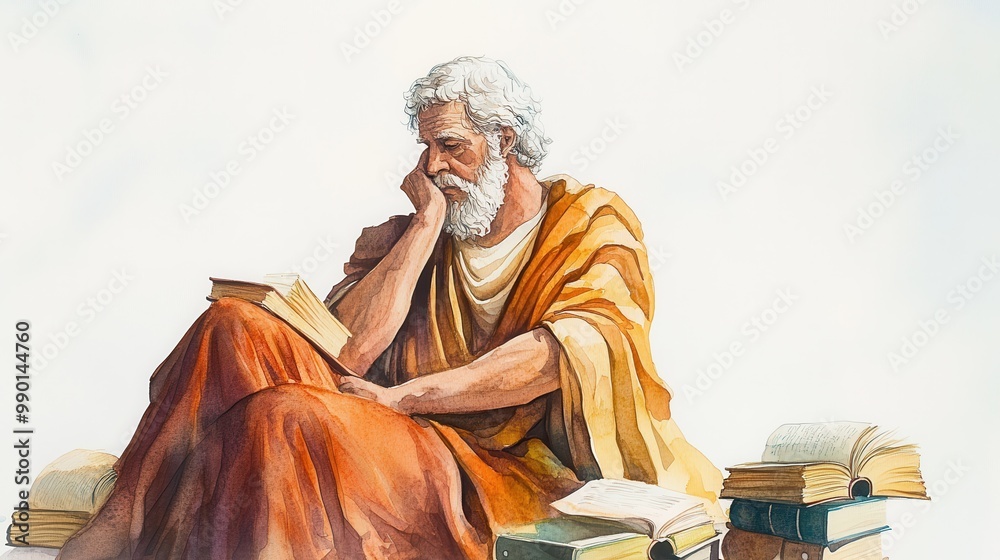 Poster A thoughtful philosopher immersed in reading surrounded by books in a serene environment, capturing ancient wisdom and knowledge