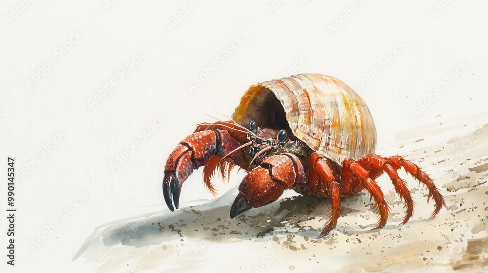 Poster a hermit crab exploring a sandy shore with its shell during a warm, sunny day by the ocean