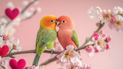 Two colorful lovebirds share a tender moment on a branch surrounded by flowers and hearts