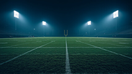 Empty football field under stadium lights at night, highlighting the tranquil atmosphere
