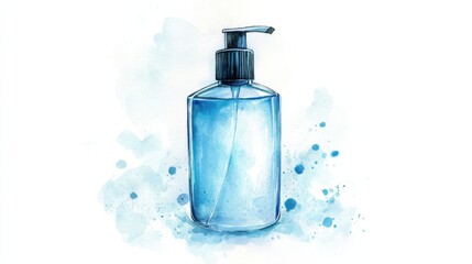 Clear blue liquid soap dispenser with a pump, ideal for bathrooms and kitchens, surrounded by soft watercolor splashes
