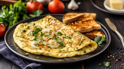 A delicious omelet with shrimp and fresh parsley served with toasted bread on a dark plate.
