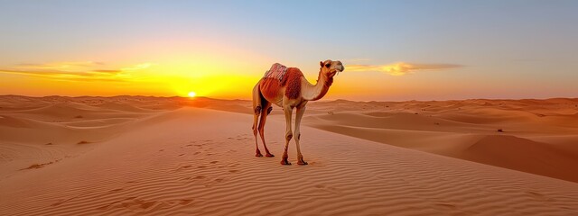 Camel in Desert at Sunset with Golden Sky