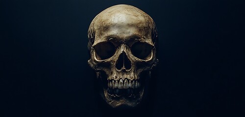 Fototapeta premium Single skull displayed against black, focusing on its detailed features.