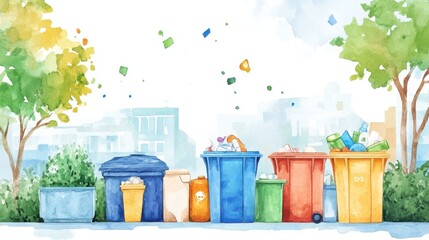 Colorful recycling bins lined up on a city street with trees and a clean background on a sunny day
