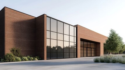 Modern brick building with large windows and a lush garden, showcasing a professional and inviting exterior. Ideal for businesses seeking a contemporary and spacious workspace.