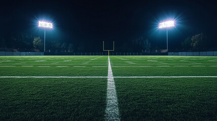 Naklejka premium Illuminated football field awaiting the start of a night game under bright stadium lights