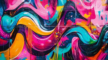 Psychedelic graffiti wall, vibrant swirling colors