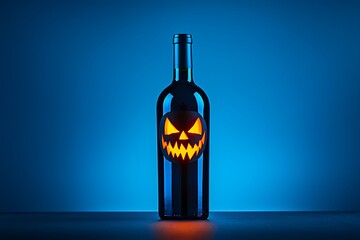 Halloween beverage promotion featuring a unique wine bottle with a pumpkin face on a blue backdrop.