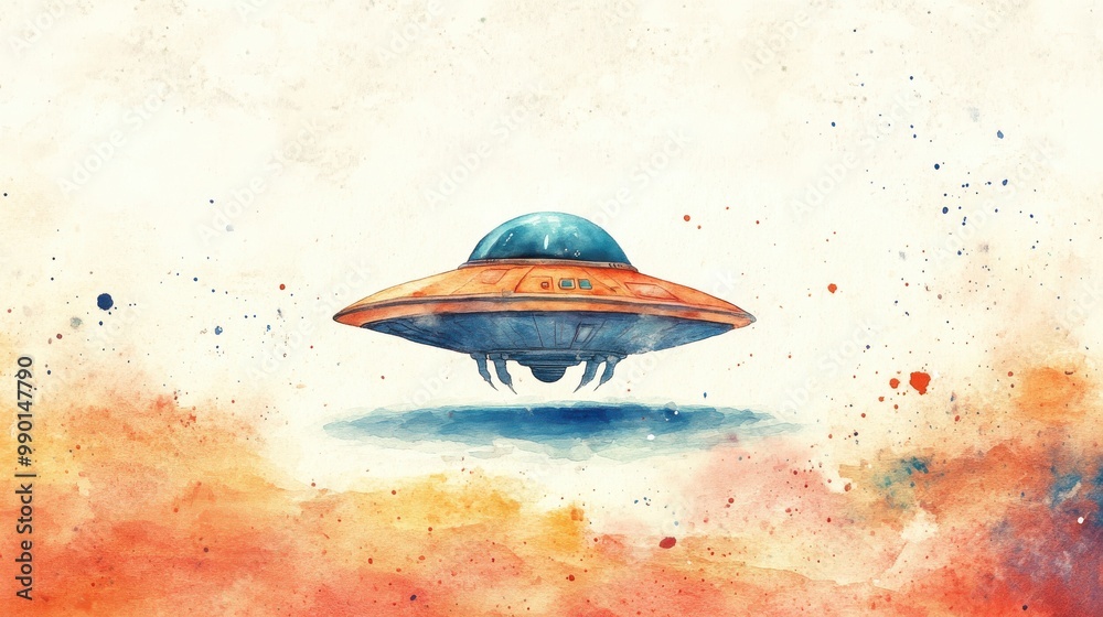 Poster A colorful depiction of a hovering UFO above a vibrant abstract landscape during twilight with swirling colors in the background