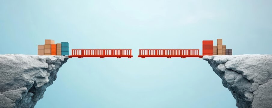 Broken bridge between nations with trade goods on either side, symbolizing barriers created by protectionist policies, Protectionism, Trade barriers and isolationism