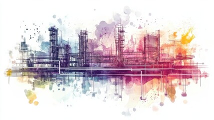 Abstract illustration of an industrial landscape with smokestacks and pipelines in vibrant colors blending together