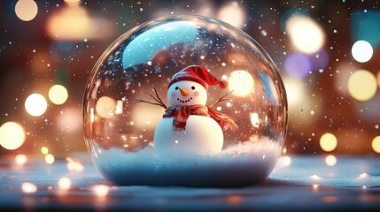 Obraz premium A snowstorm rages inside a glass Christmas globe with a snowman at the center. The background features a beautiful array of glowing bokeh lights.