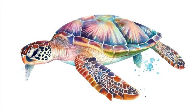 Colorful watercolor illustration of a sea turtle swimming gracefully in clear blue water, showcasing vibrant patterns and textures