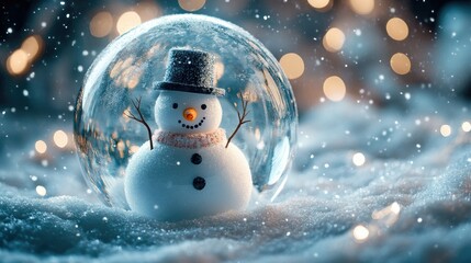 Obraz premium A snowstorm swirls inside a glass globe, featuring a snowman. The background sparkles with delicate bokeh lights, adding warmth and magic to the scene.