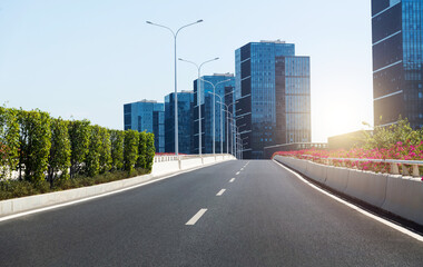 Highway overpass near office buildings