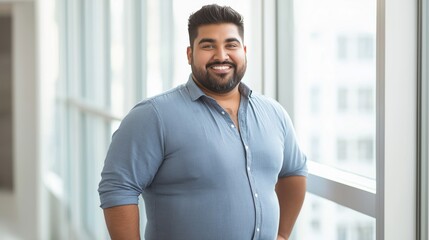 Confident Young South Asian Man in a Light Blue Shirt In Office Setting, Ideal for Professional and Business Use