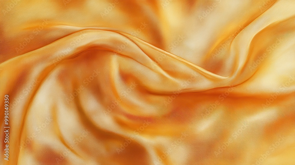 Poster textured golden fabric gently draped, showcasing intricate waves and folds under soft lighting in an