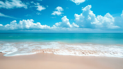 A serene beach scene with turquoise waters and fluffy clouds under a bright blue sky.