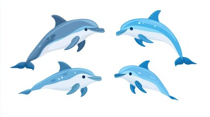 Fototapeta premium Set of Cartoon Baby Dolphins Swimming and Jumping