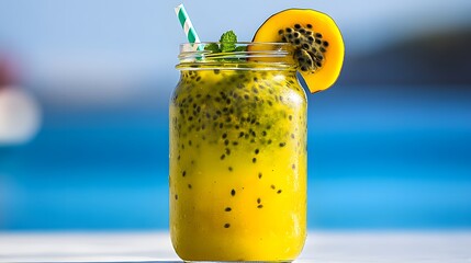 Refreshing passion fruit drink in a glass jar with a slice of passion fruit and mint leaves.